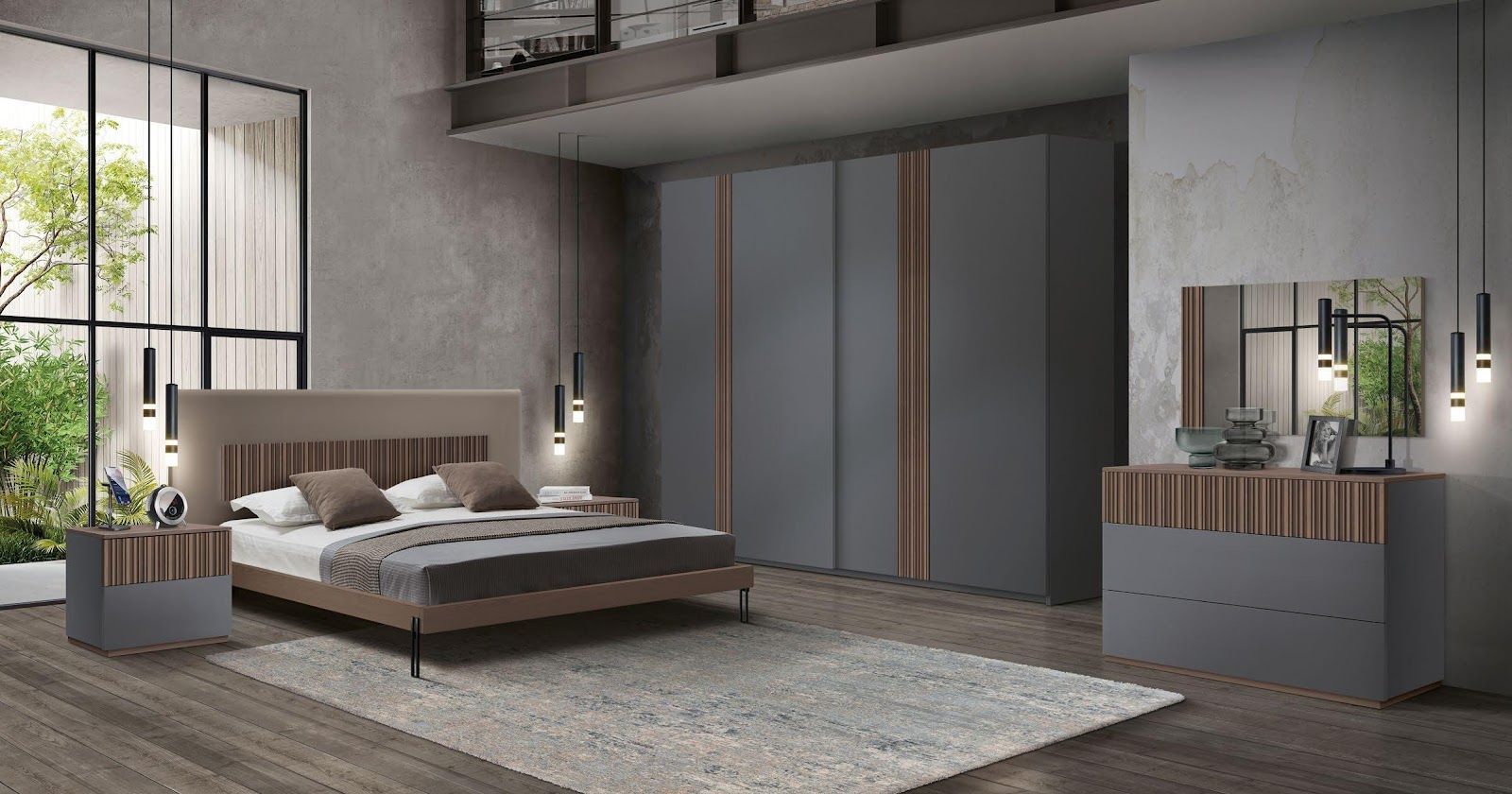 Camera da letto moderna con letto in legno, armadio grigio, cassettiera, tappeto e ampie finestre con piante.