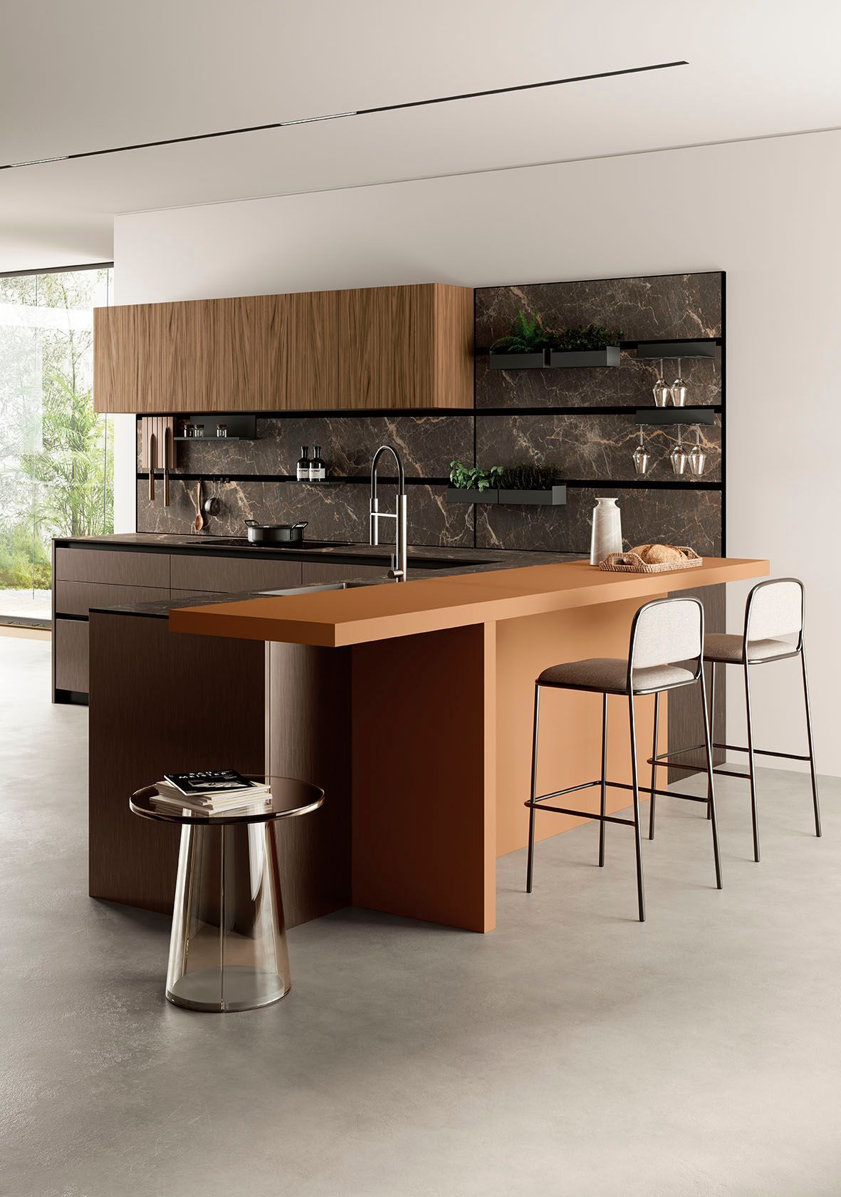 Cucina moderna con isola in legno, mensole a vista e due sgabelli da bar bianchi.