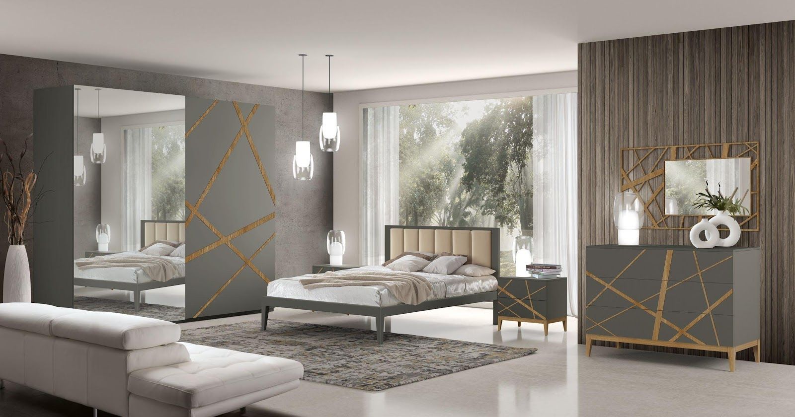 Camera da letto moderna con pareti grigie, letto bianco, mobili a specchio e decorazioni dai toni neutri e delicati.