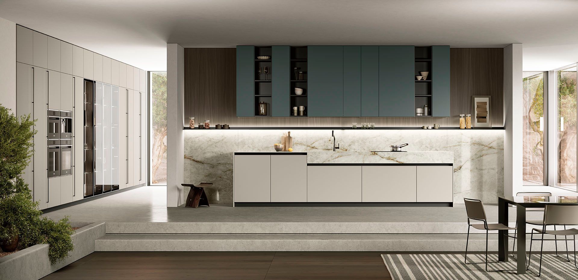 Cucina moderna e minimalista con mobili bianchi, pensili scuri, paraschizzi in marmo e ampie finestre.