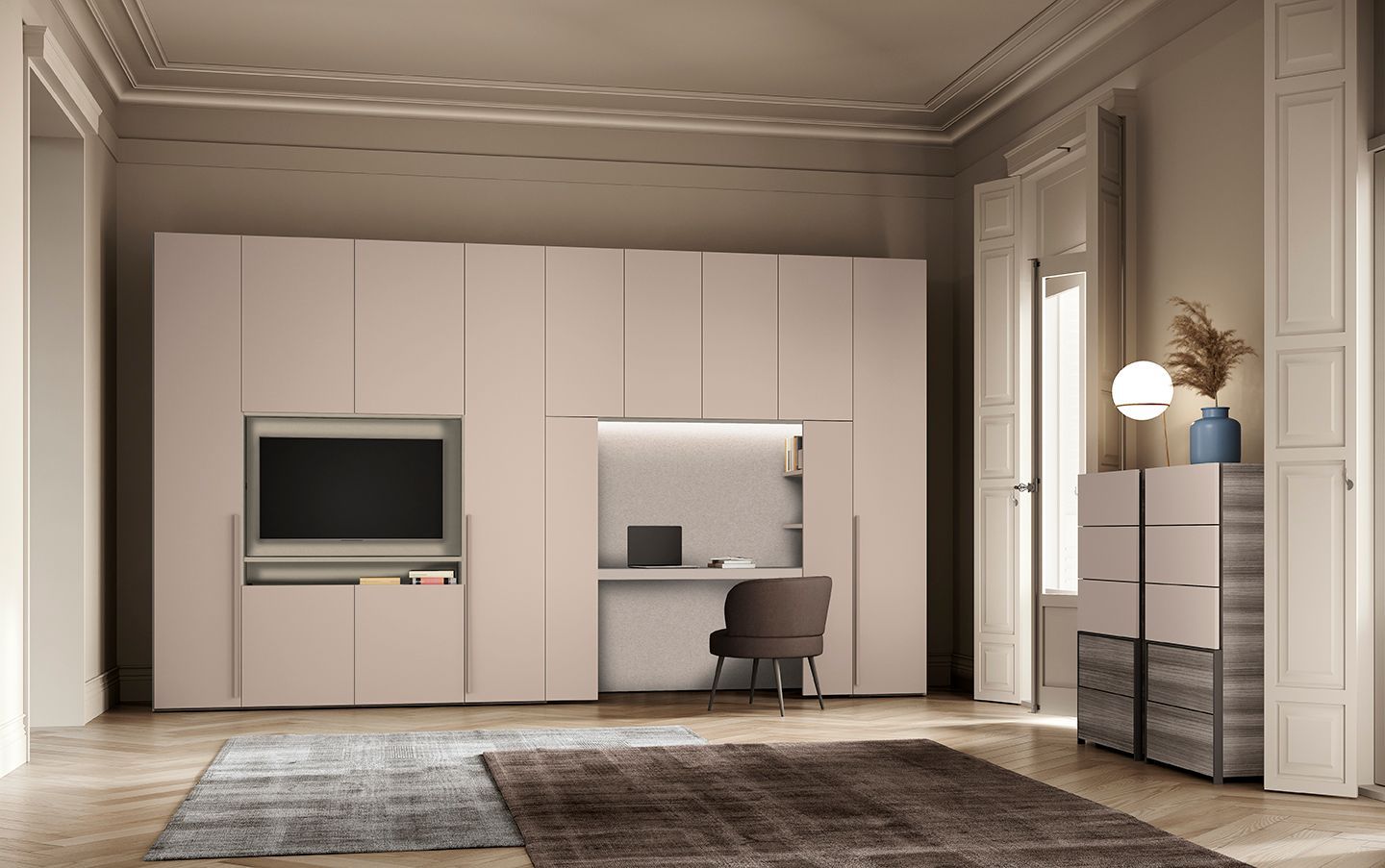 Moderno ufficio domestico minimalista con armadi a muro, scrivania, sedia e cassettiera in una stanza luminosa.
