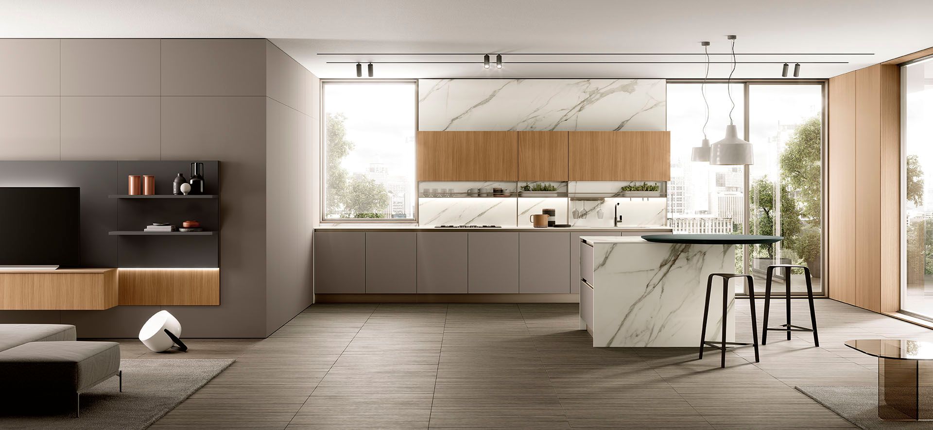 Cucina e soggiorno moderni a pianta aperta con dettagli in legno, ampie finestre, tavolo da pranzo e divano.