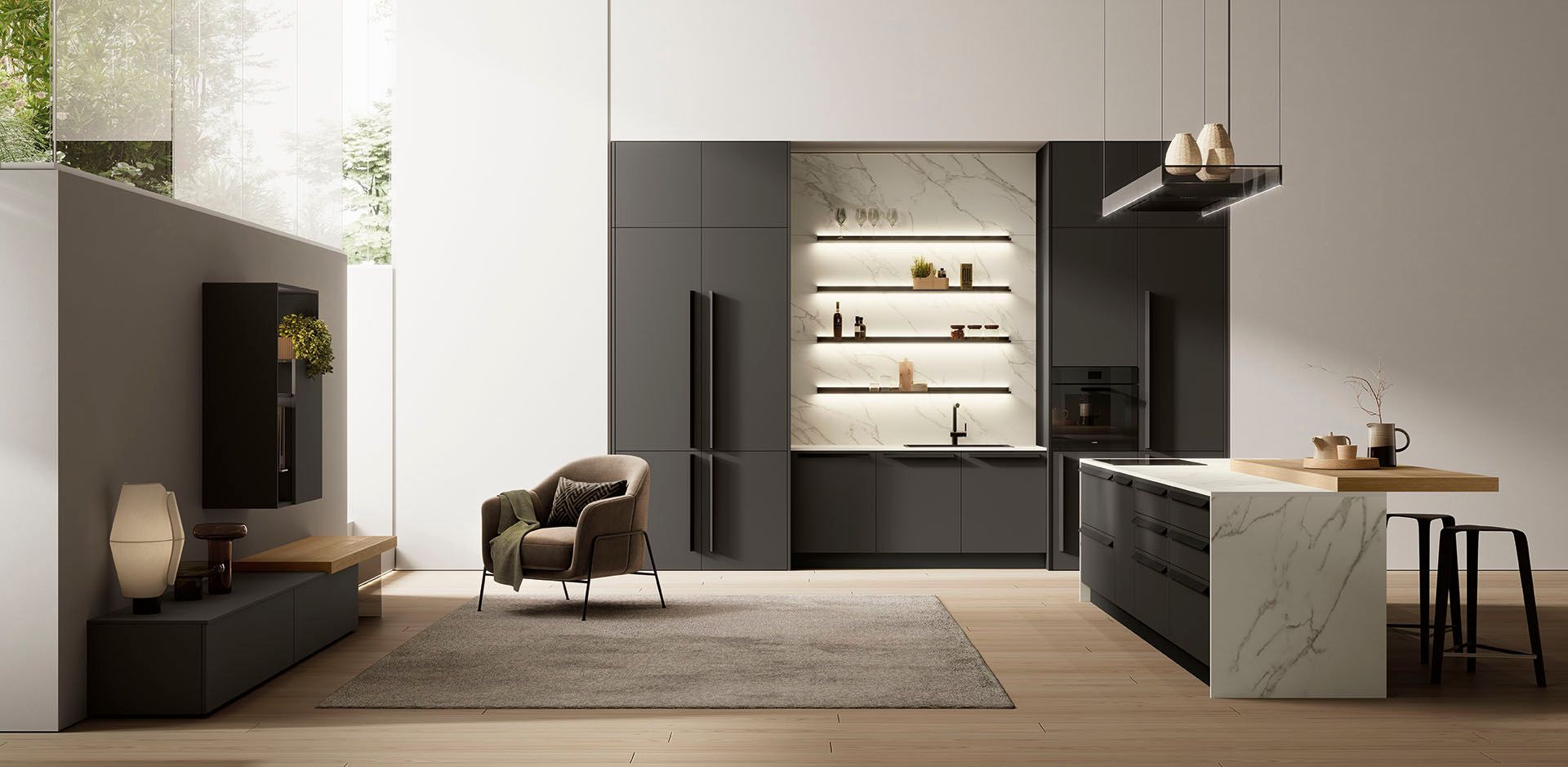 Cucina moderna e minimalista con mobili scuri, isola centrale, scaffali a muro e poltrona su un tappeto chiaro.