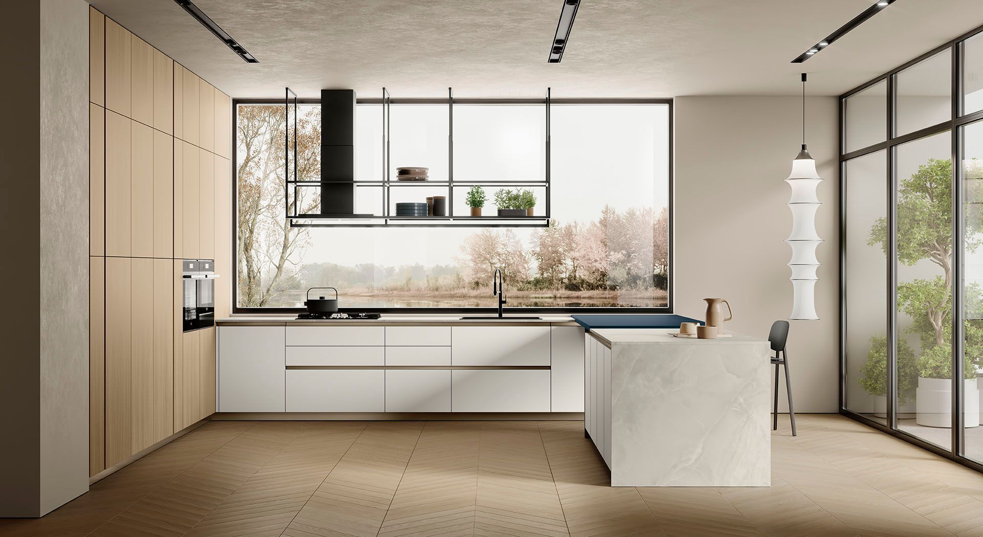 Cucina moderna e minimalista con mobili in legno, isola bianca, ampie finestre e piante da interno.