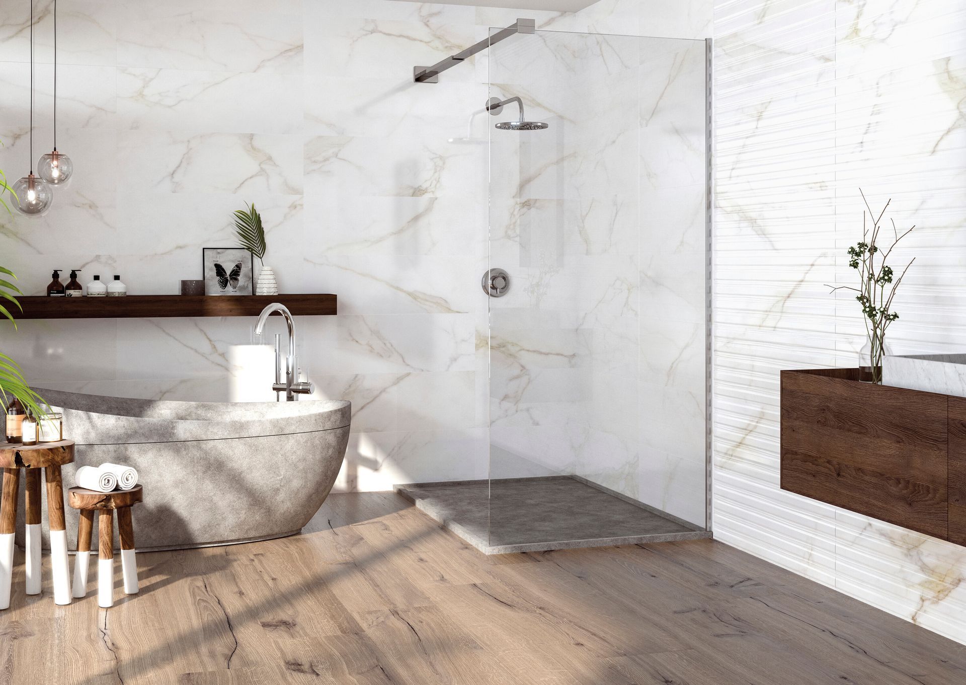 Bagno moderno con vasca freestanding in pietra, doccia in vetro, pavimento in legno e lavabi sospesi.