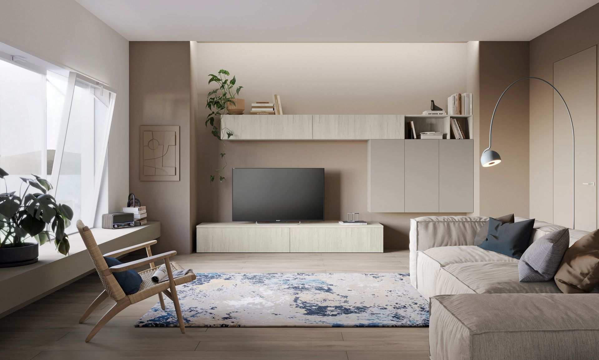 Soggiorno moderno e minimalista con divano angolare beige, TV a parete, tappeto e ampia panca sotto la finestra con piante.