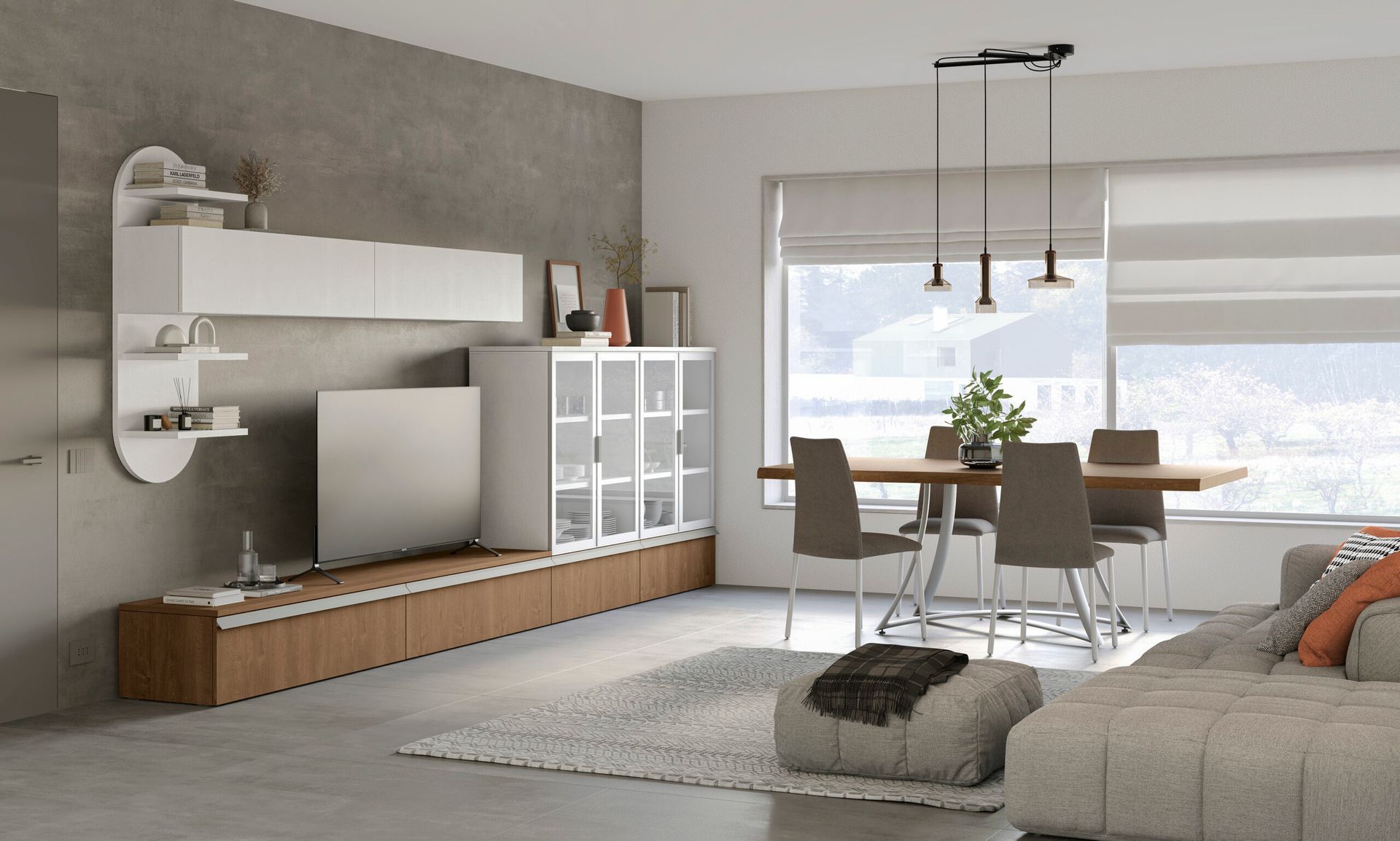 Soggiorno-sala da pranzo moderno con divano grigio, mobile TV, vetrina e tavolo accanto a una finestra luminosa.