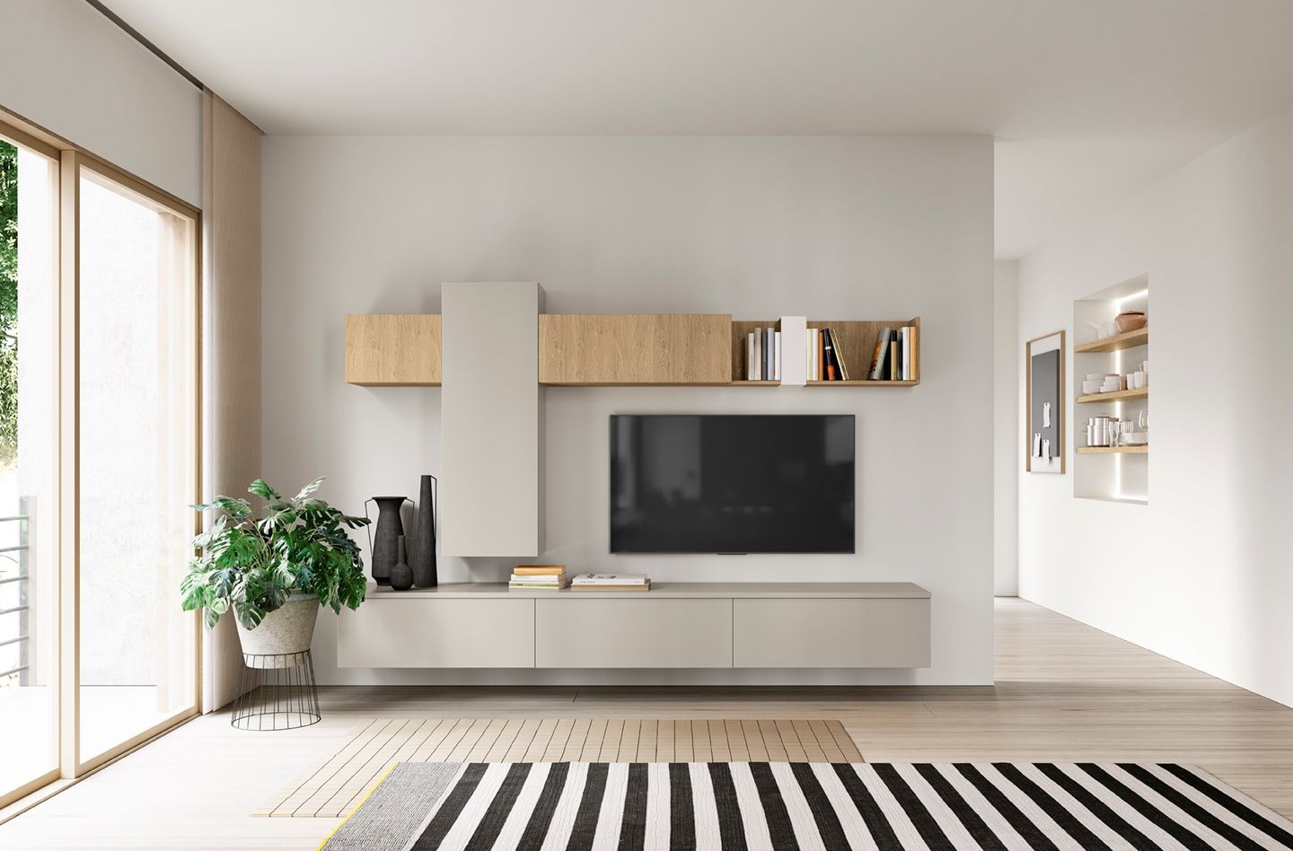 Soggiorno minimalista con TV a parete, mensole in legno chiaro, ampia finestra, pianta e tappeto a righe.