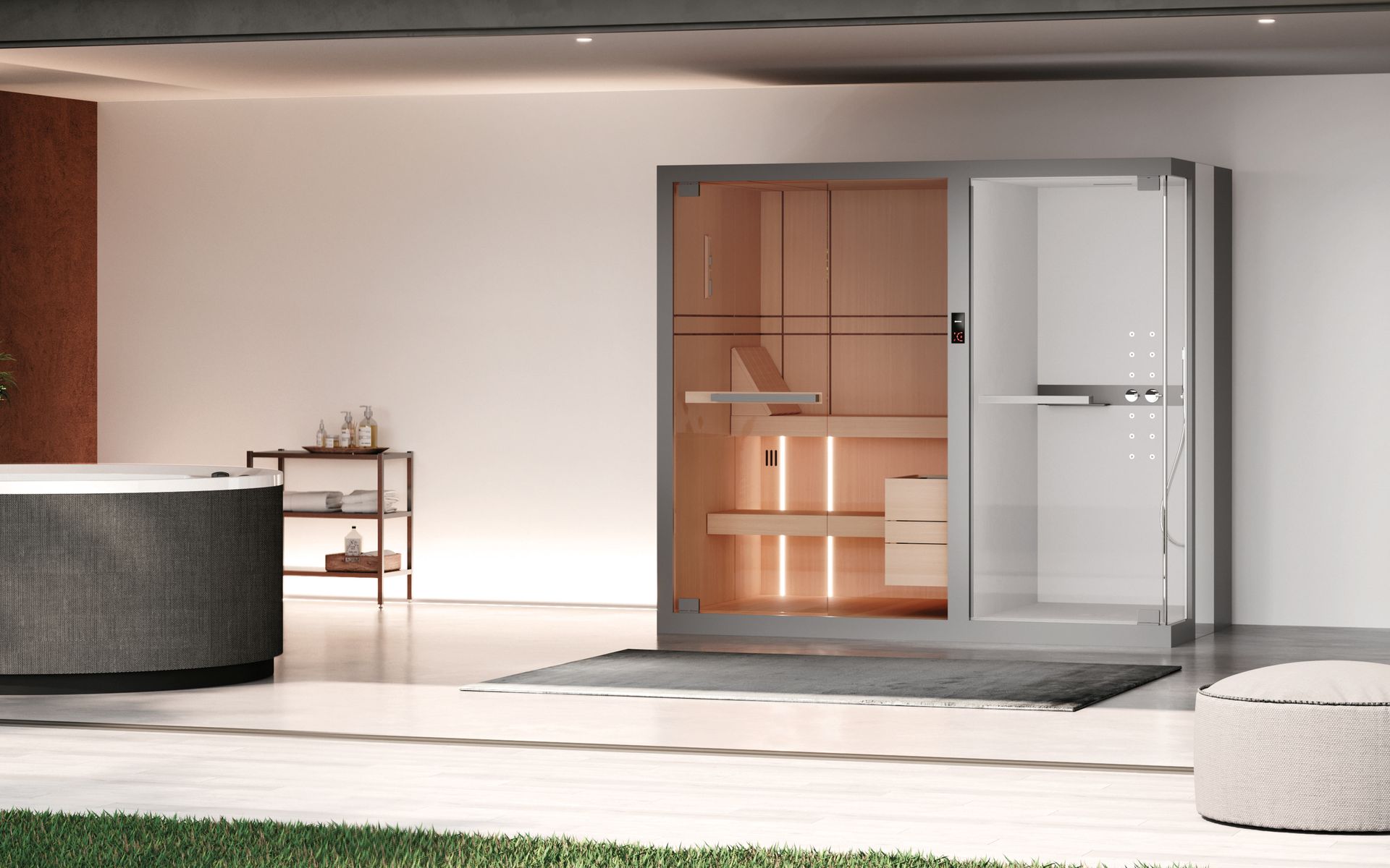 Bagno moderno con cabina doccia in vetro, pareti in legno dalle tonalità calde e sanitari bianchi minimalisti.