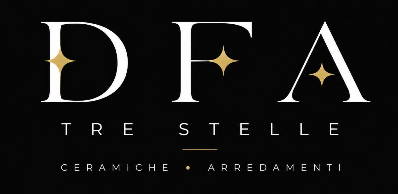 Logo DFA Tre Stelle Ceramiche Arredamenti in nero e oro su sfondo bianco
