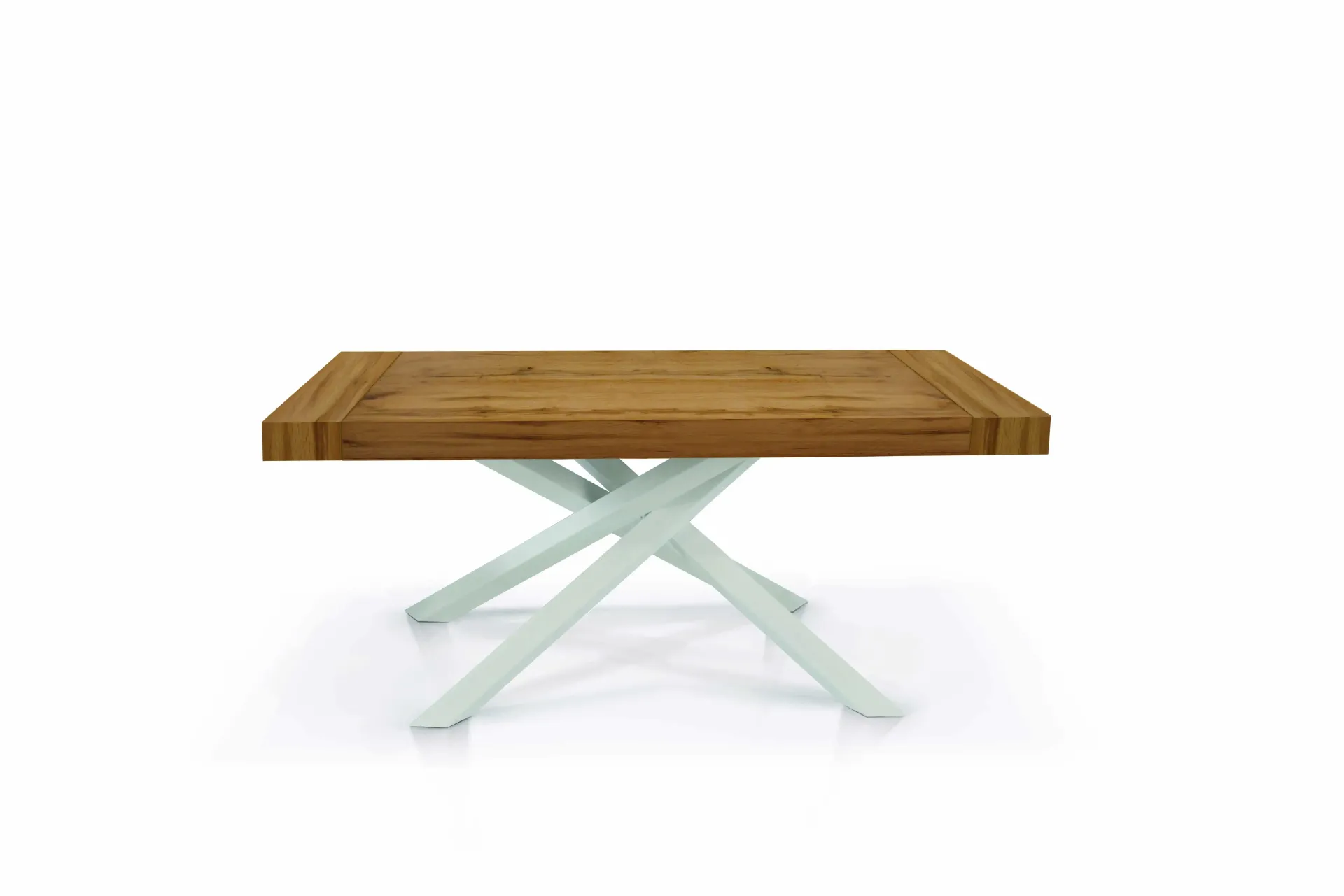 Piano del tavolo in legno con gambe incrociate in metallo bianco su sfondo bianco.