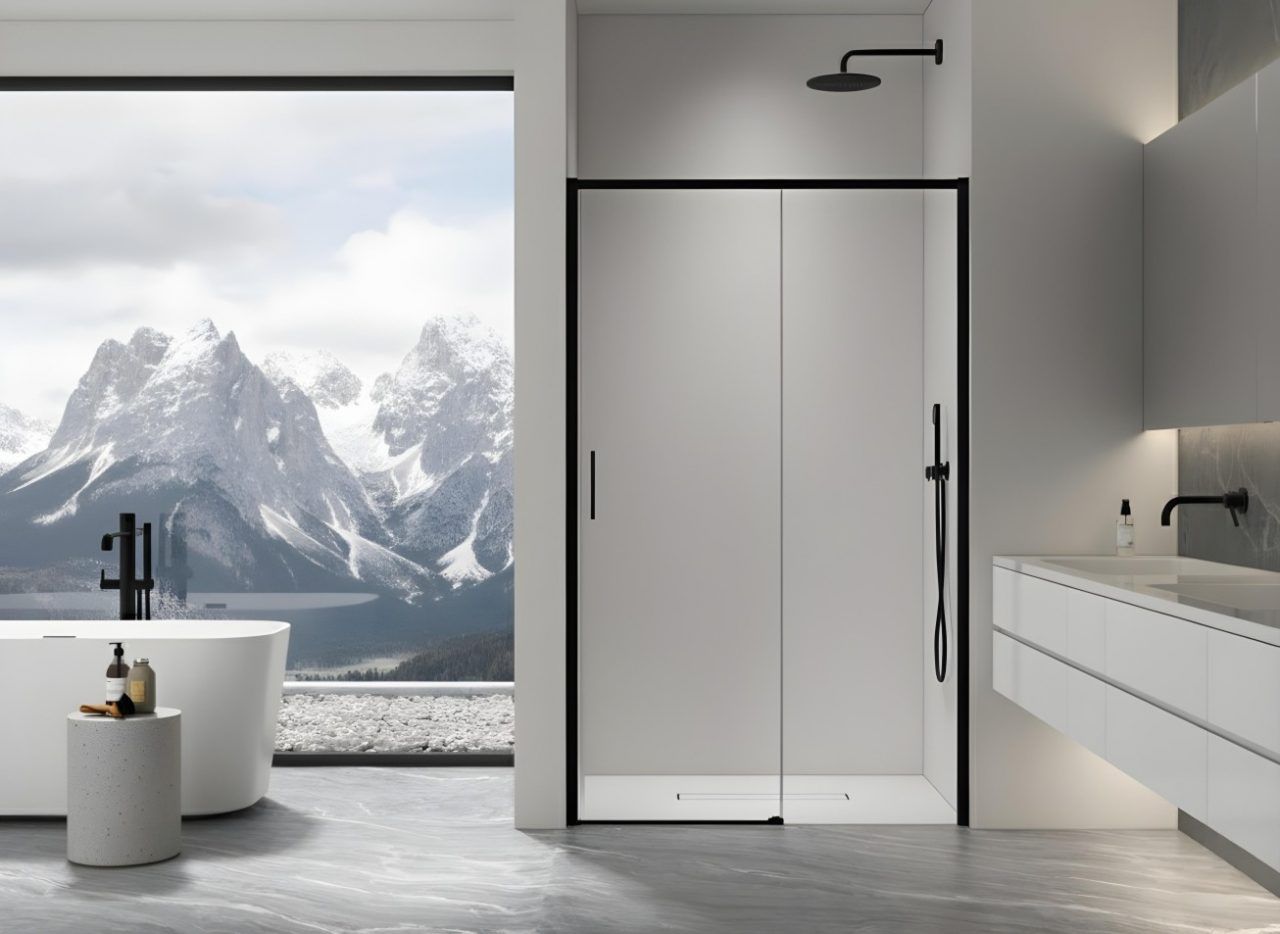 Bagno moderno e minimalista con vasca freestanding e ampia finestra con vista sulle montagne.