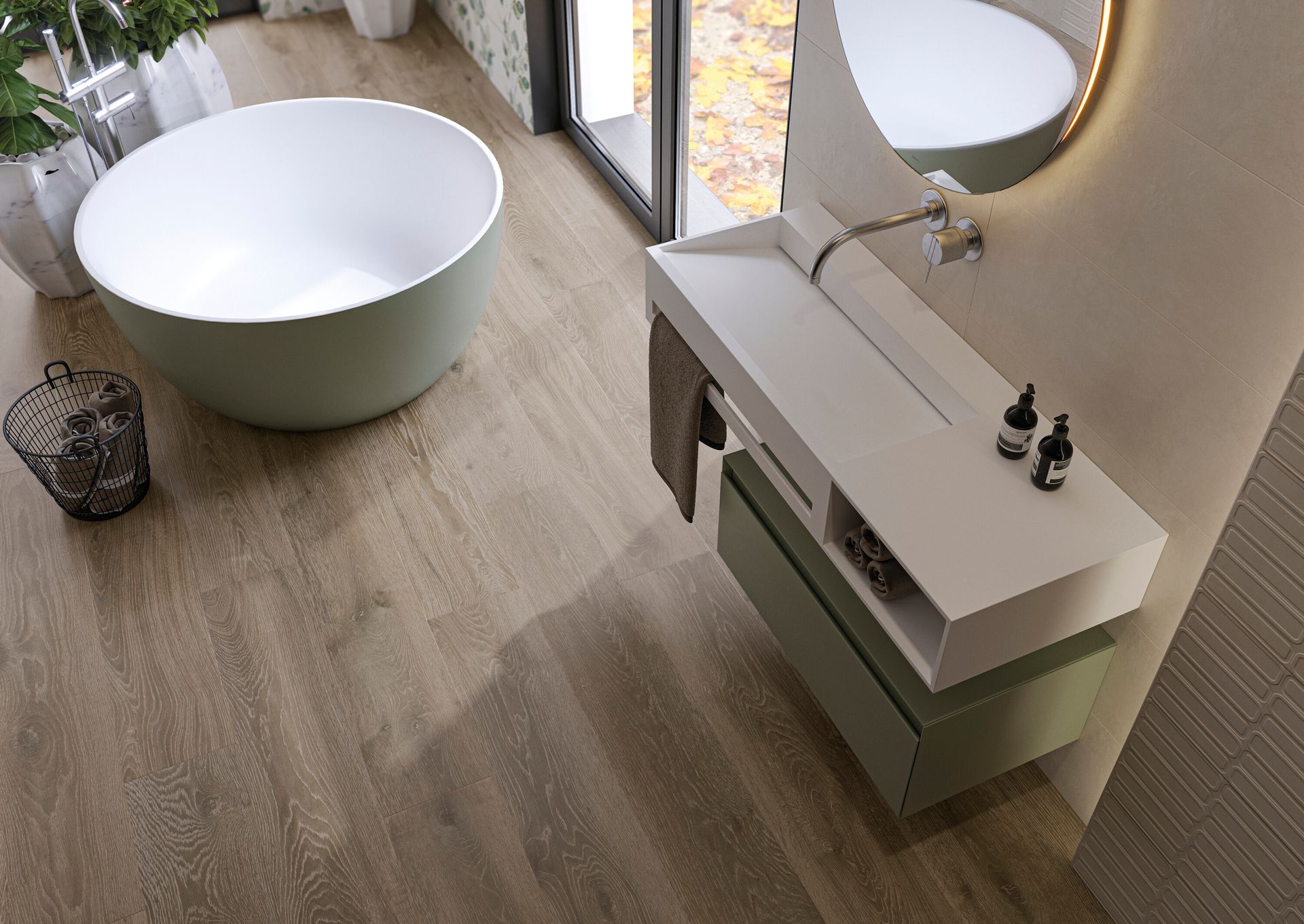 Bagno moderno con vasca freestanding, lavabo con mobiletto e ampia finestra.