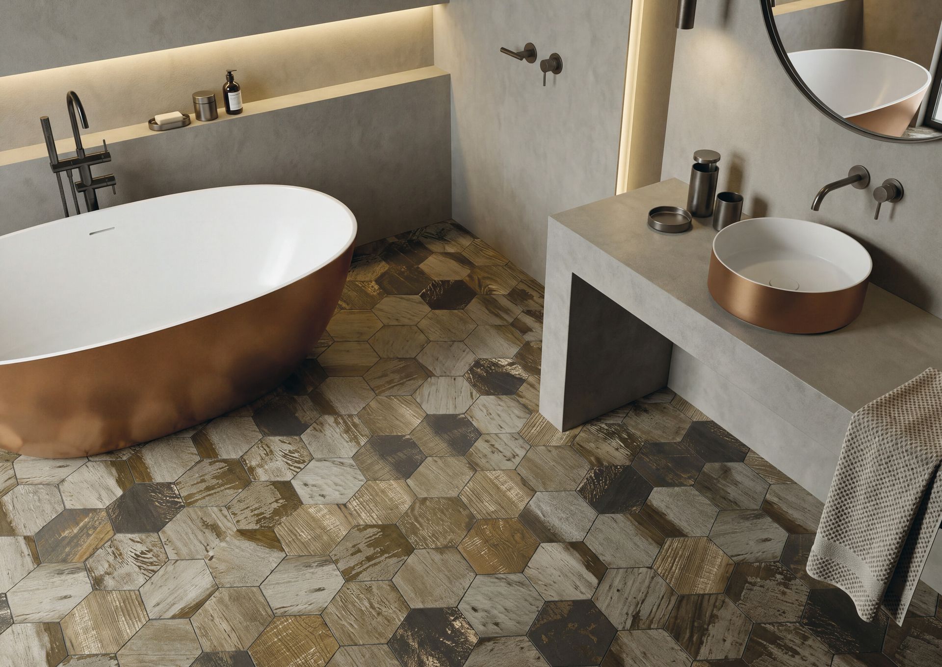 Bagno moderno con vasca freestanding, mobile lavabo doppio e pavimento piastrellato con motivi decorativi.