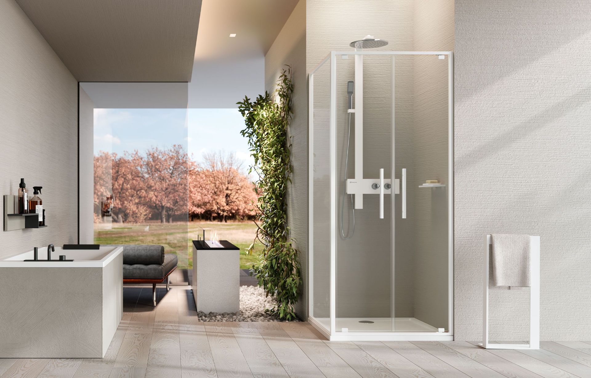 Bagno moderno in stile spa con doccia in vetro, mobile lavabo bianco e vista sul giardino attraverso ampie porte finestre.