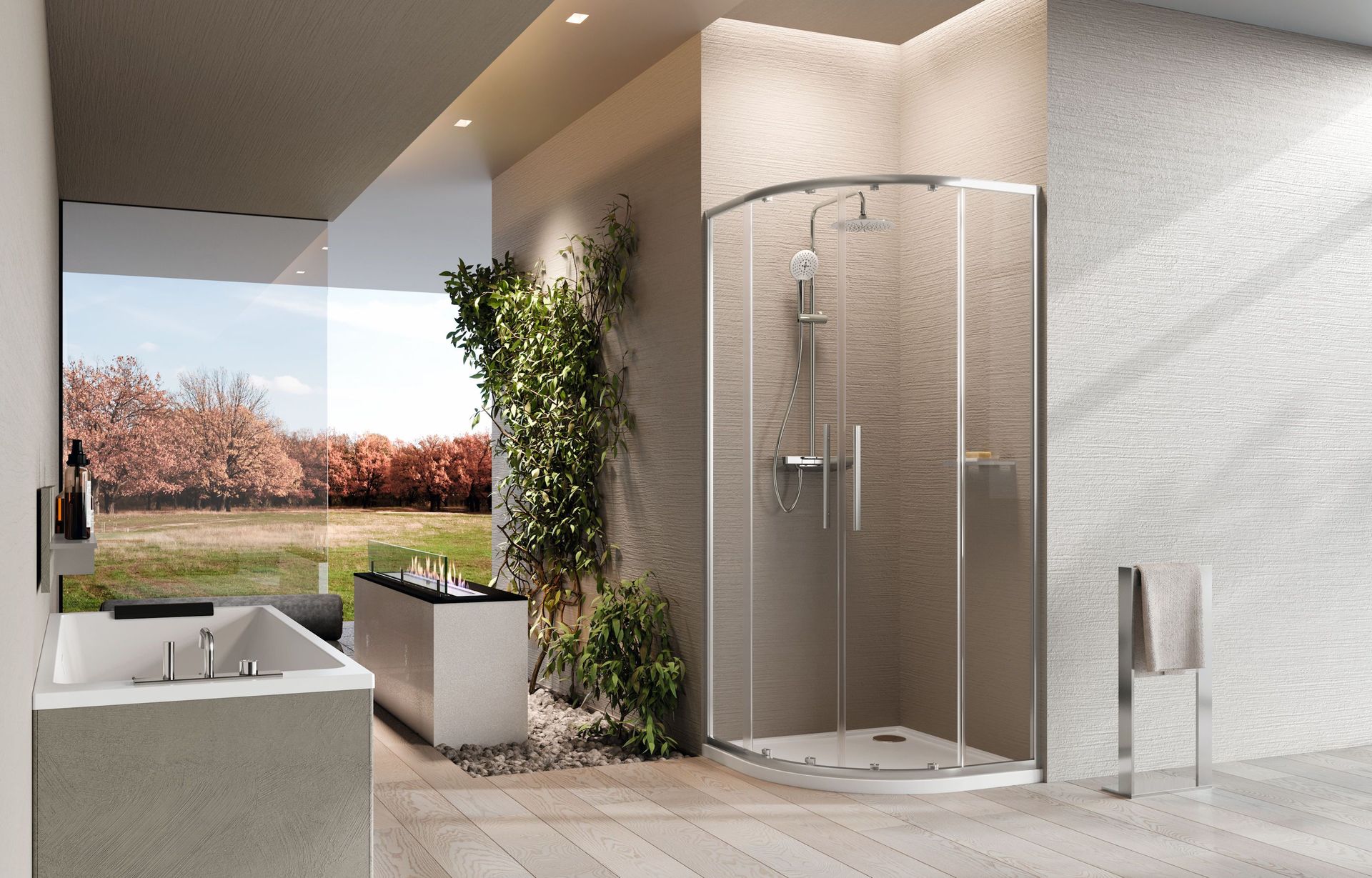 Bagno moderno con doccia in vetro, vasca bianca e piante, con vista su un giardino paesaggistico.