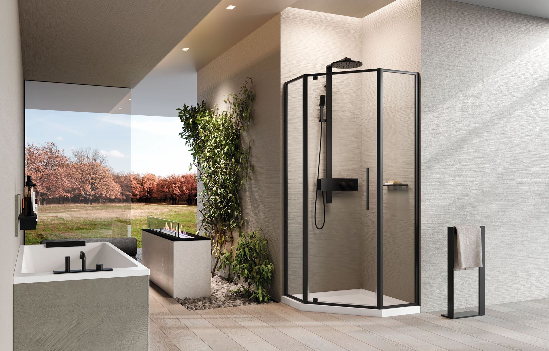 Bagno moderno con doccia in vetro con cornice nera, vasca freestanding e ampia finestra con vista sul giardino.