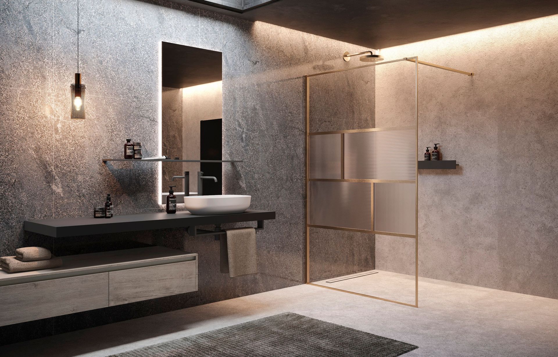 Bagno moderno con mobile lavabo sospeso, specchio, applique e cabina doccia in tonalità neutre.