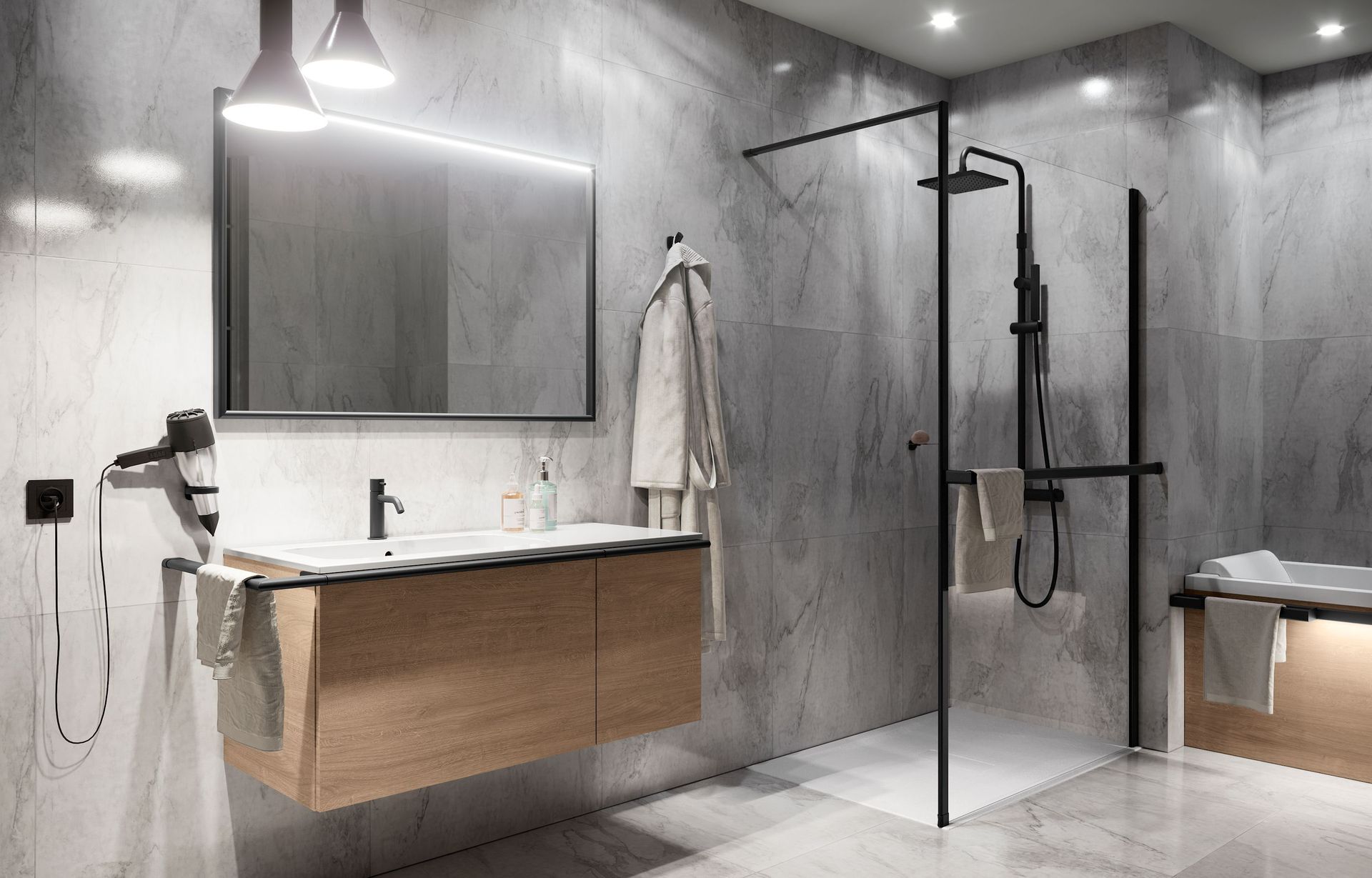 Bagno moderno grigio con mobile lavabo sospeso in legno, ampio specchio e cabina doccia con telaio nero.