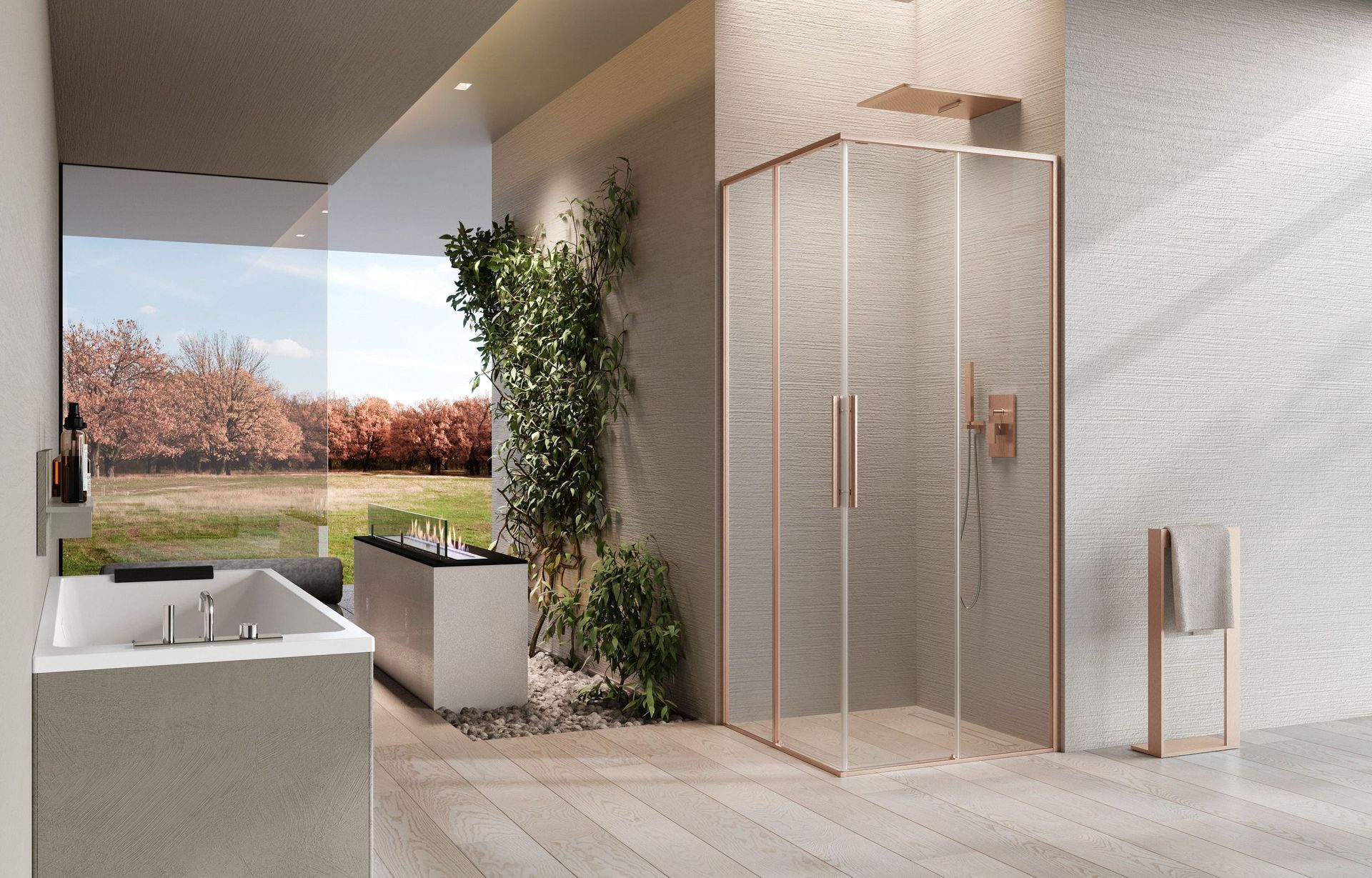 Bagno moderno con vasca freestanding, doccia in vetro e ampia finestra con vista sul giardino.
