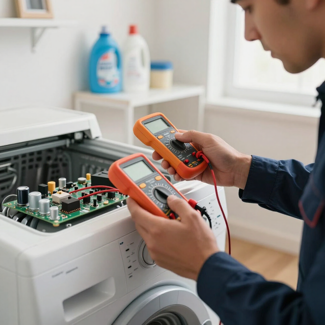Technician using multimeters to test wiring inside an open washing machine