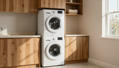 Stacked white washer and dryer in a wood-paneled laundry room with built-in cabinets and a window