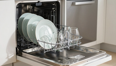 Open dishwasher with clean plates and glasses on the lower rack, door open in a kitchen