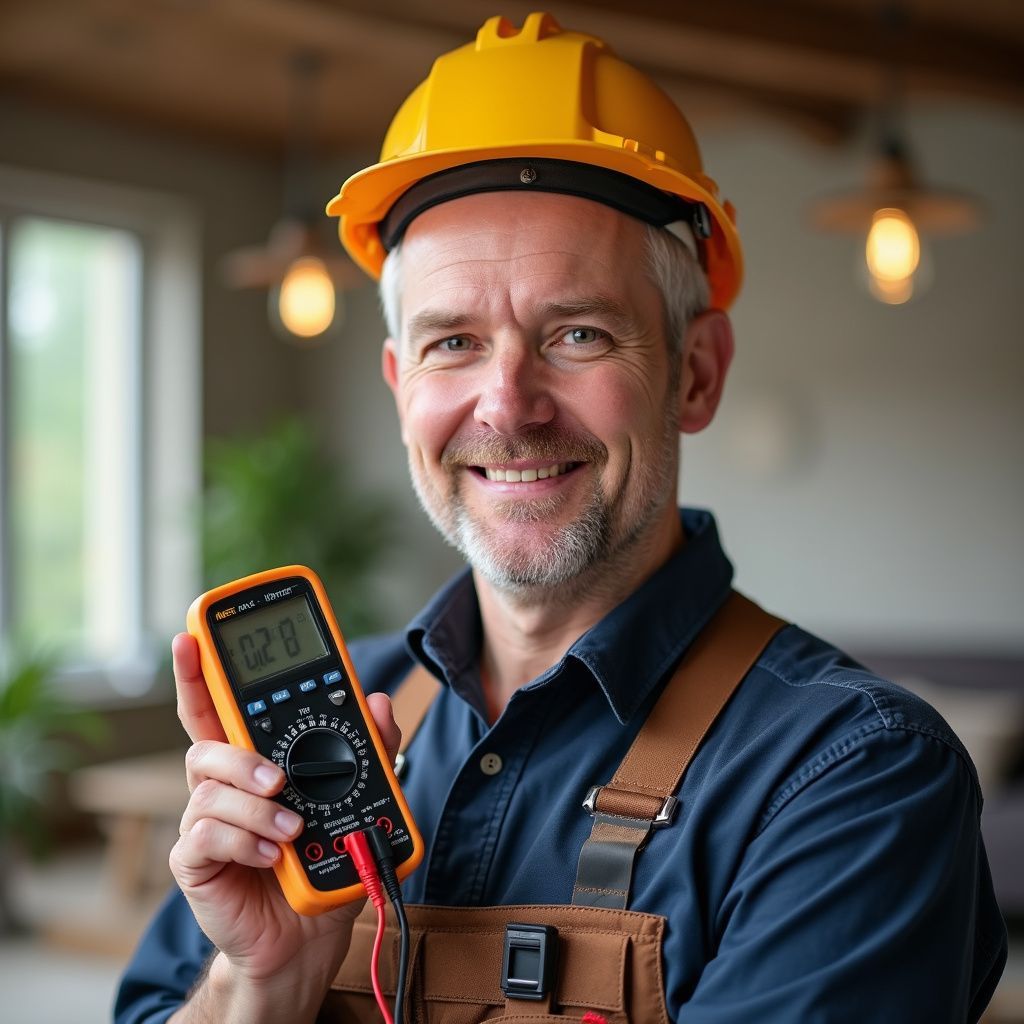 Construction worker in a hard hat holding a digital multimeter and smiling indoors