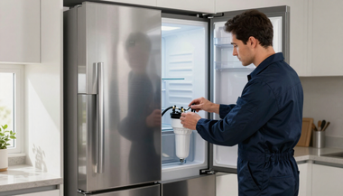 Man in blue shirt pours water from a pitcher into an open refrigerator in a modern kitchen