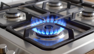 Blue gas flame on a stainless steel stovetop burner with surrounding control knobs.