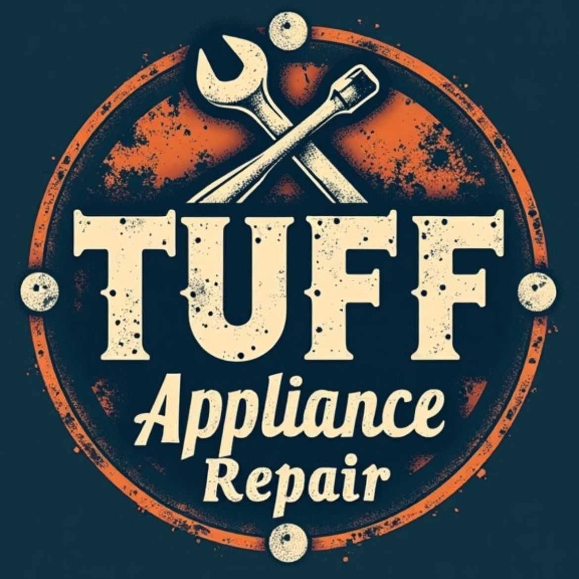 TUFF Appliance Repair logo with crossed wrench and screwdriver in orange and cream