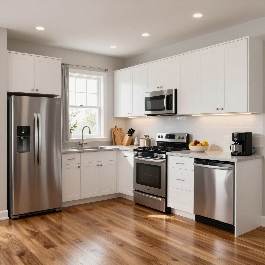 Bright modern kitchen with stainless steel appliances, white cabinets, and wood floors
