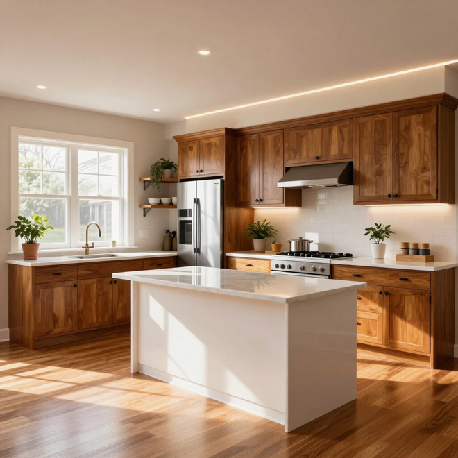 Bright modern kitchen with white island, wooden cabinets, stainless appliances, and sunlight on the floor
