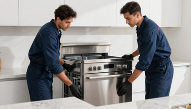 Two workers in blue coveralls moving a stainless steel oven in a bright kitchen