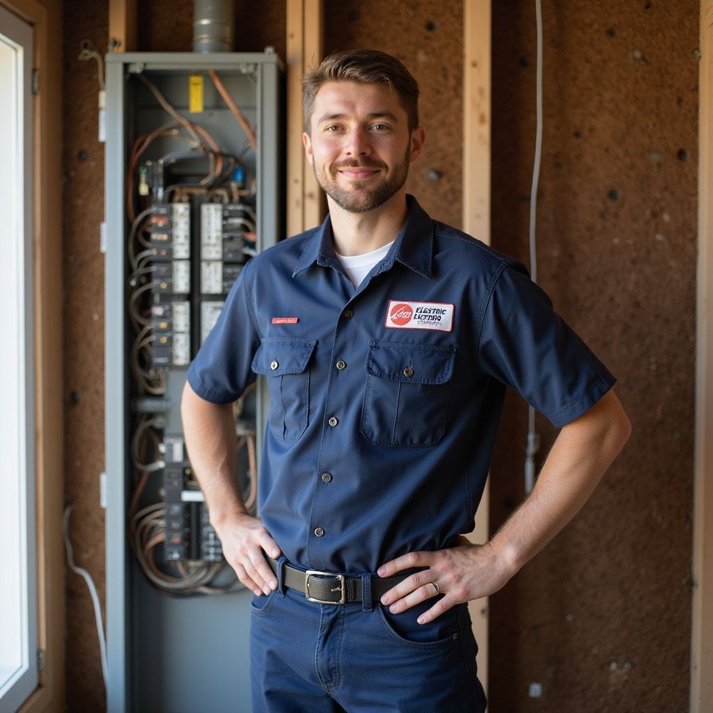 Electrician in a navy uniform stands in a doorway beside an open electrical panel.
