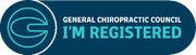 Logo: General Chiropractic Council, I'm Registered. Teal and white.
