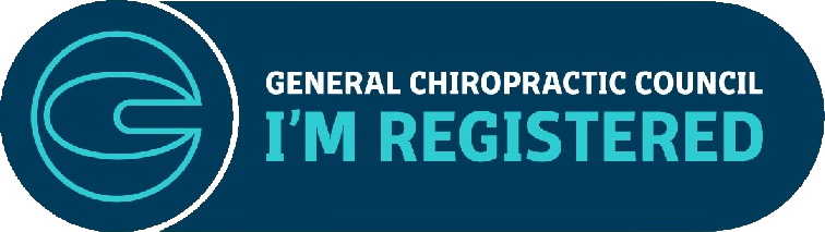 Logo: General Chiropractic Council, I'm Registered. Teal and white.