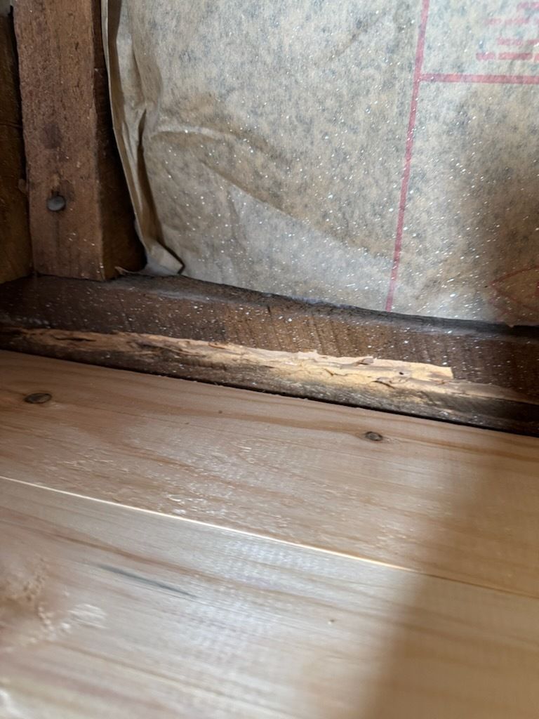Wooden planks, insulation, and framing with possible mold damage.