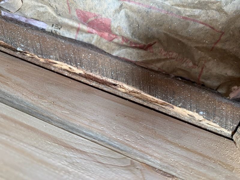 Wooden trim showing damage, possibly from water or pests. Brown, gray, and tan colors are visible.