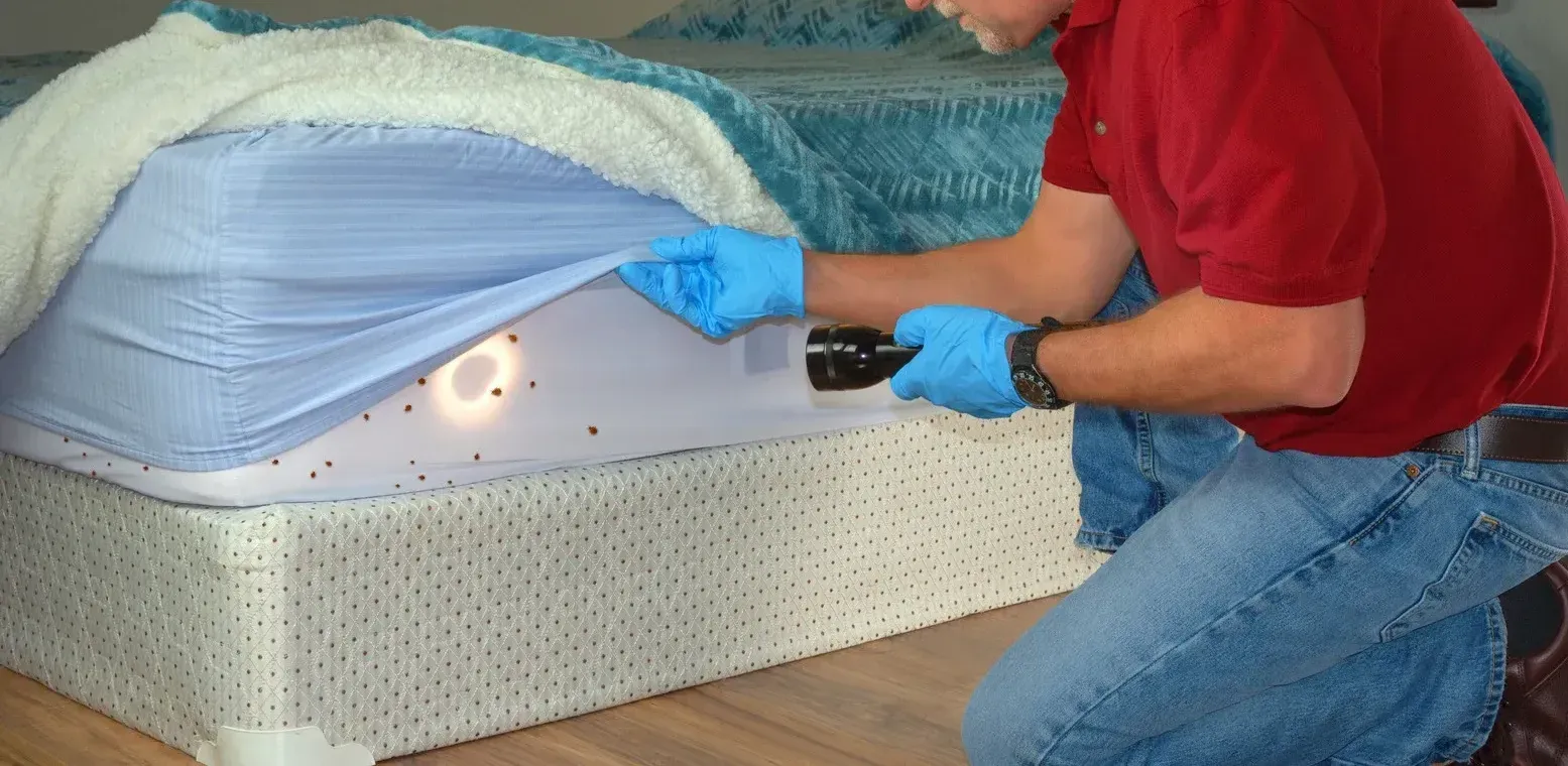 A man is examining a bed with a flashlight.