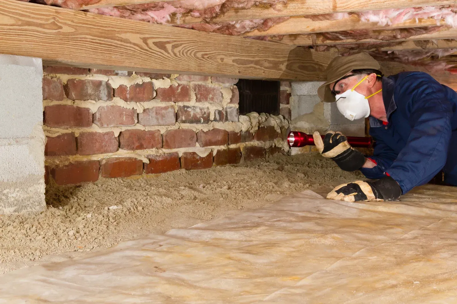 A man wearing a mask and gloves is looking under a brick wall.