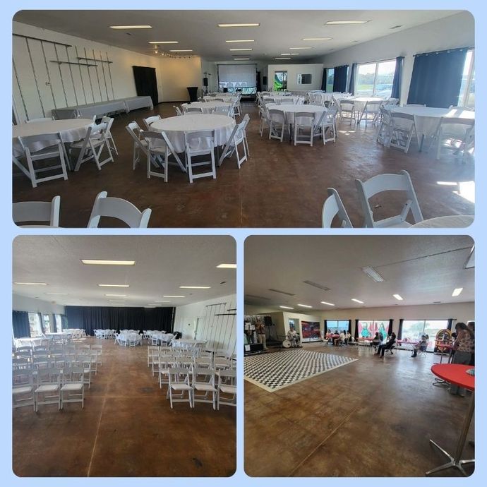 Three views of an event space: tables and chairs set up for dining, rows of chairs, and a dance floor with people.