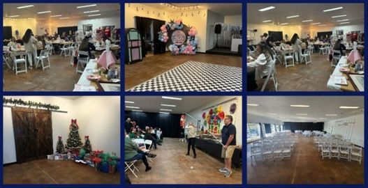 Click to view the venue photo gallery Six photos of an event venue, including guests seated at tables, party decorations, and rows of empty chairs.