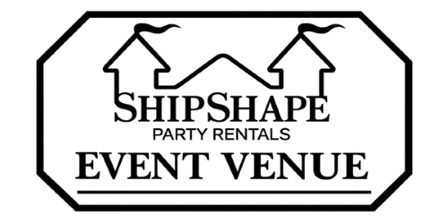 ShipShape Event Venue logo: Octagonal frame with houses and text "ShipShape Party Rentals" and "Event Venue."
