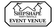 ShipShape Event Venue in Centerview, MO Shipshape Party Rentals logo: black and white outline of two house shapes with flags, and text.