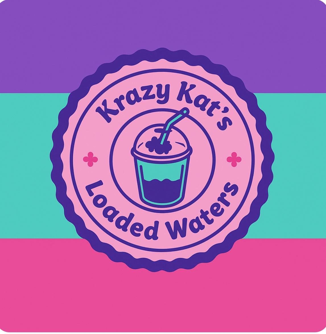 Krazy Kat's Loaded Waters logo: Drink in a circle, purple, teal, pink background.