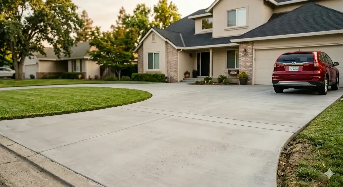 Suburban house with a wide concrete driveway and a red SUV parked in front