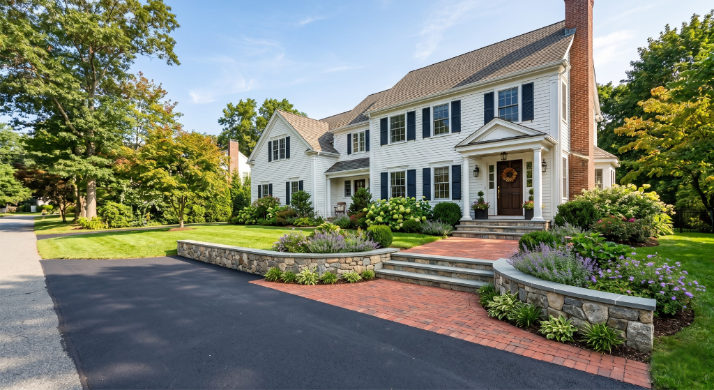 home showcasing hardscaping services. Not an actual job. AI-generated to show what type of work