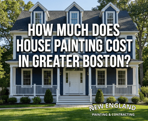 Colonial house with text: “How much does house painting cost in Greater Boston?”