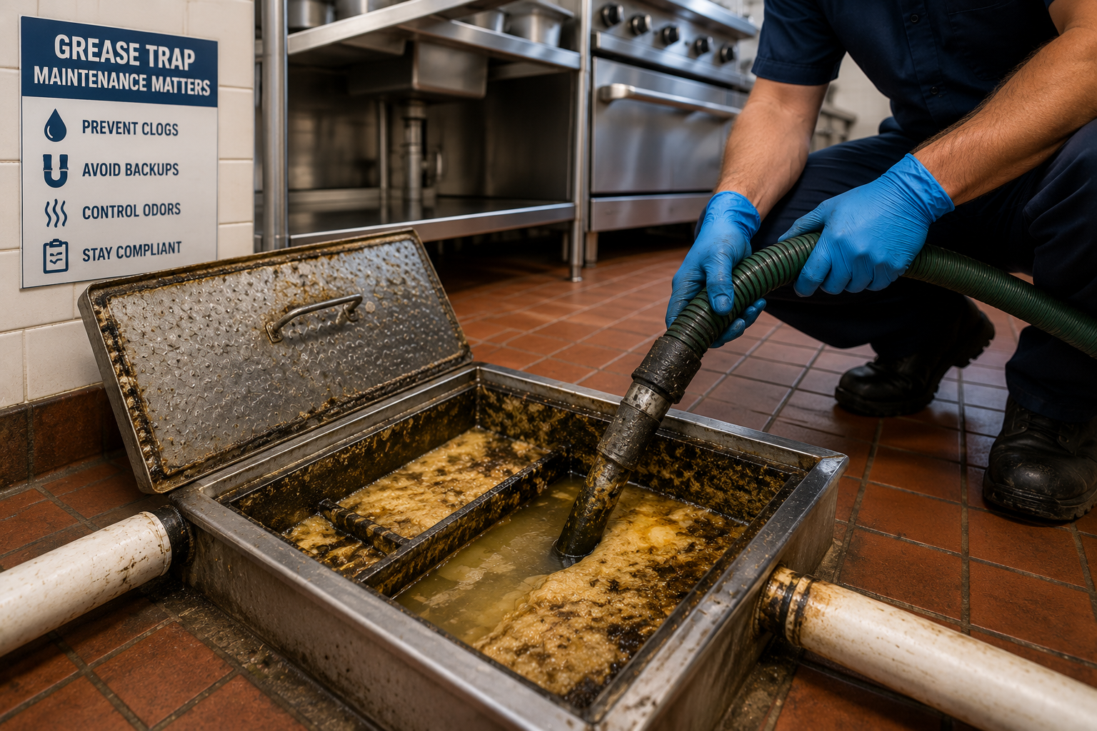 Plumber cleaning a commercial grease trap during commercial plumbing maintenance.